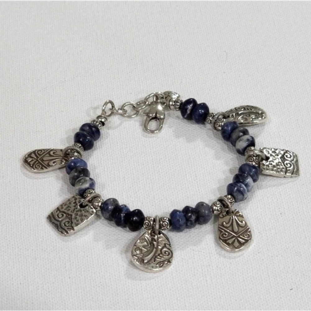 Brighton gypsy lace Beaded Charm Bracelet Silver Pl Blue Stone Beads‎ Jewelry